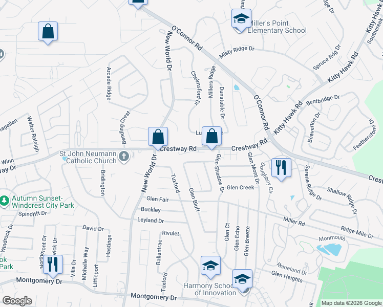 map of restaurants, bars, coffee shops, grocery stores, and more near 6925 Crestway Road in San Antonio