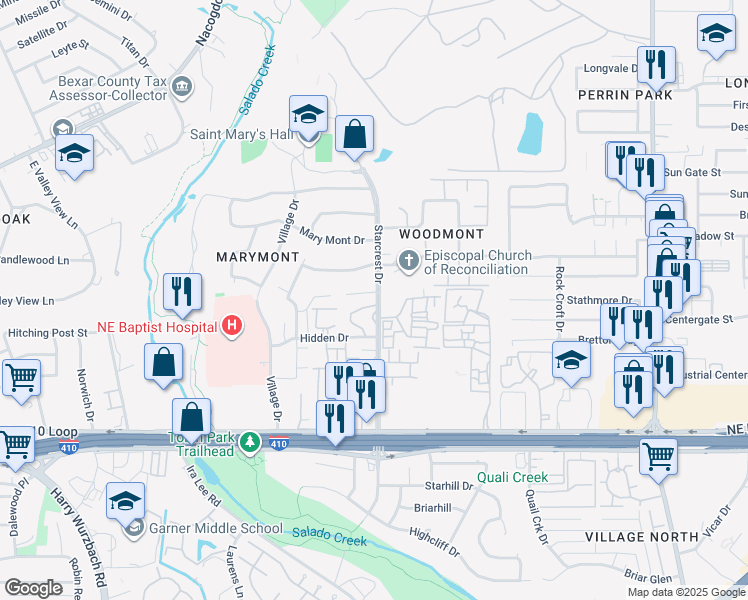 map of restaurants, bars, coffee shops, grocery stores, and more near 3636 Granby Court in San Antonio