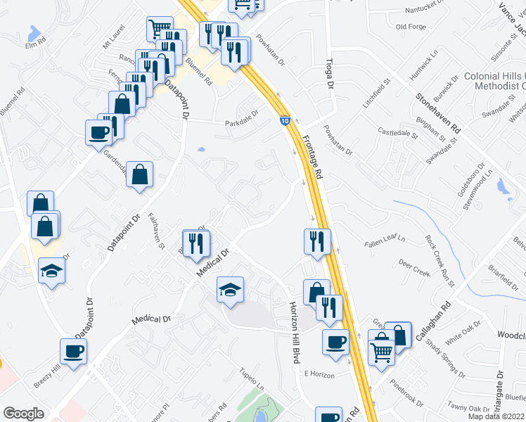 map of restaurants, bars, coffee shops, grocery stores, and more near 3711 Medical Drive in San Antonio