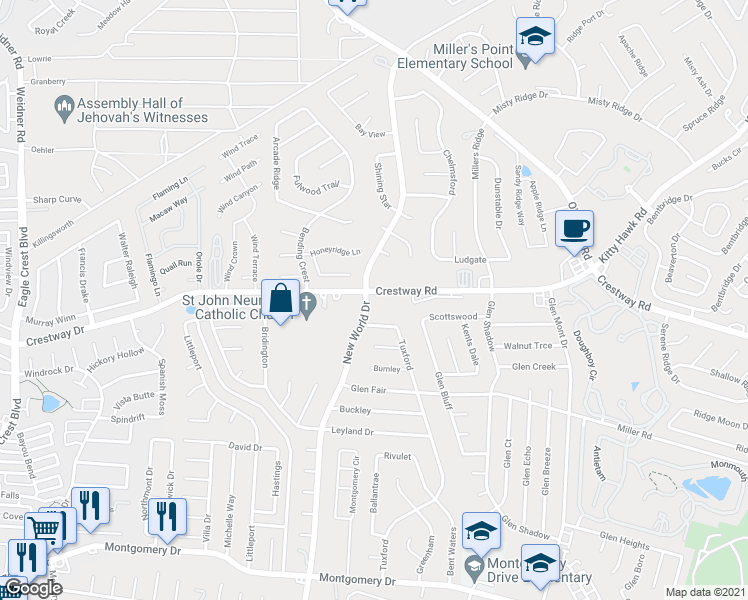 map of restaurants, bars, coffee shops, grocery stores, and more near 6840 Crestway Road in San Antonio