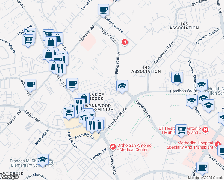 map of restaurants, bars, coffee shops, grocery stores, and more near 8525 Floyd Curl Drive in San Antonio