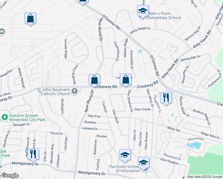 map of restaurants, bars, coffee shops, grocery stores, and more near 6925 Crestway Road in San Antonio