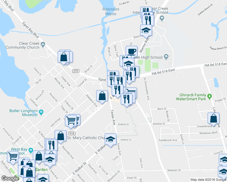 map of restaurants, bars, coffee shops, grocery stores, and more near 1908 East Main Street in League City