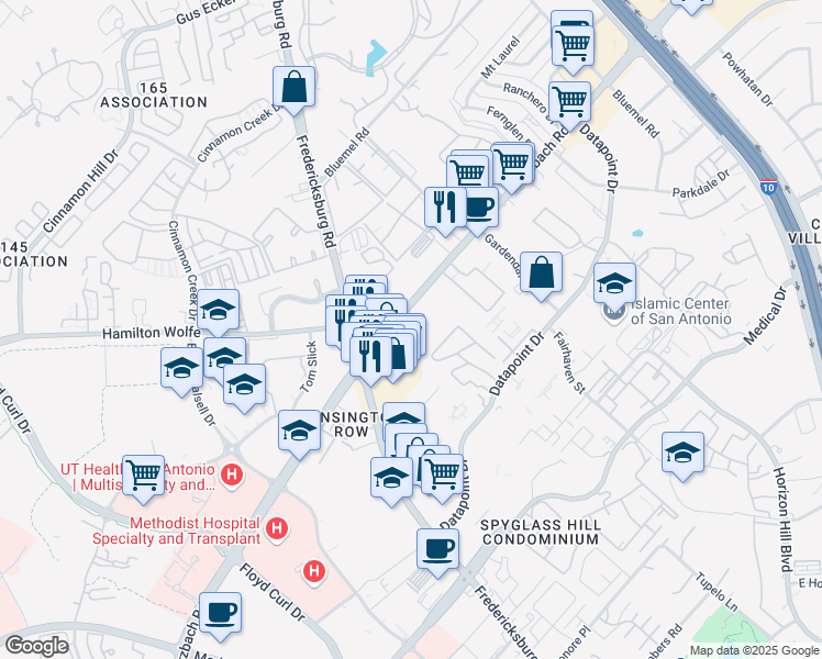 map of restaurants, bars, coffee shops, grocery stores, and more near 8542 Wurzbach Rd in San Antonio