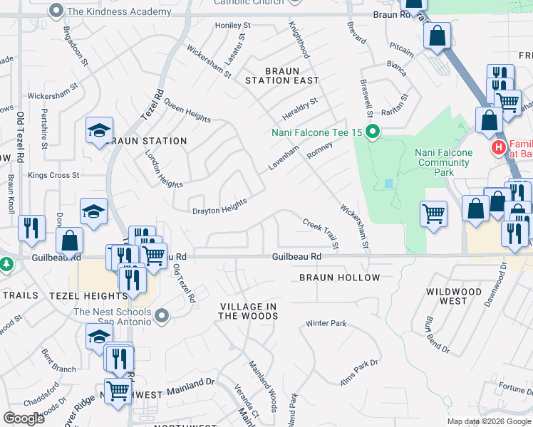 map of restaurants, bars, coffee shops, grocery stores, and more near 7751 Creek Trail Street in San Antonio