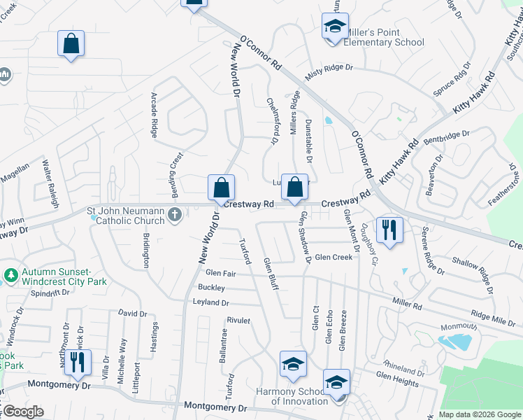 map of restaurants, bars, coffee shops, grocery stores, and more near 6925 Crestway Road in San Antonio