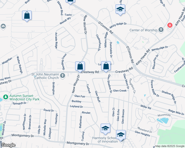 map of restaurants, bars, coffee shops, grocery stores, and more near 6925 Crestway Road in San Antonio