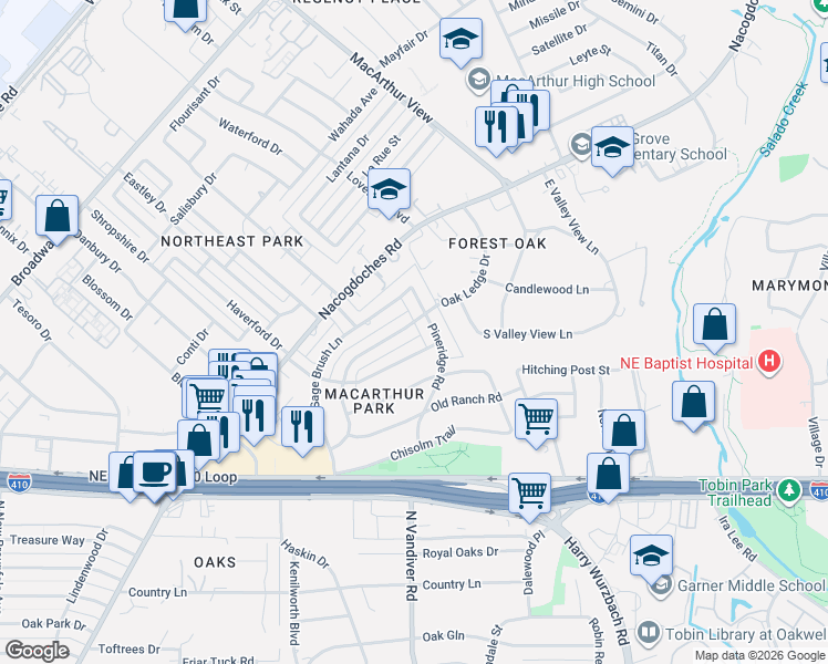 map of restaurants, bars, coffee shops, grocery stores, and more near 8815 Oak Ledge Drive in San Antonio
