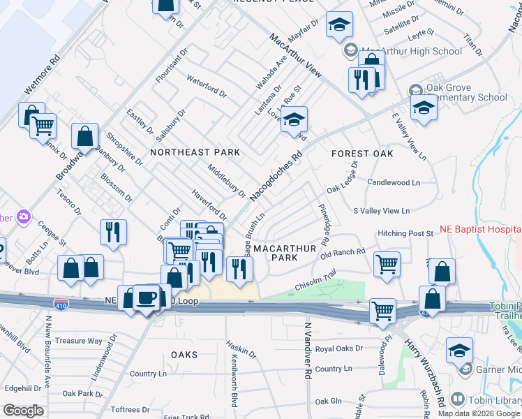 map of restaurants, bars, coffee shops, grocery stores, and more near 2734 Nacogdoches Road in San Antonio