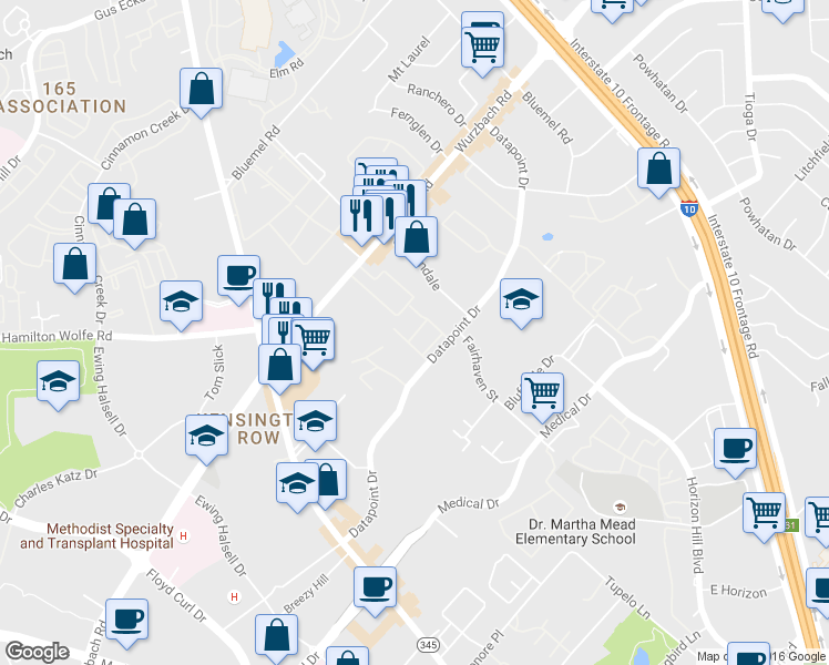 map of restaurants, bars, coffee shops, grocery stores, and more near 8715 Datapoint Drive in San Antonio