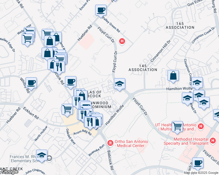 map of restaurants, bars, coffee shops, grocery stores, and more near 8525 Floyd Curl Drive in San Antonio