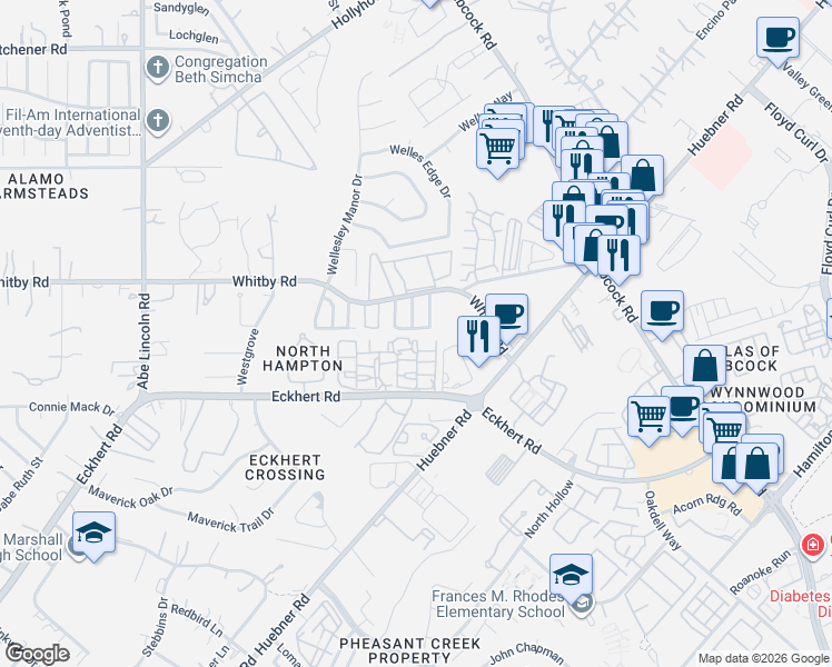 map of restaurants, bars, coffee shops, grocery stores, and more near 8502 Pecan Cross in San Antonio