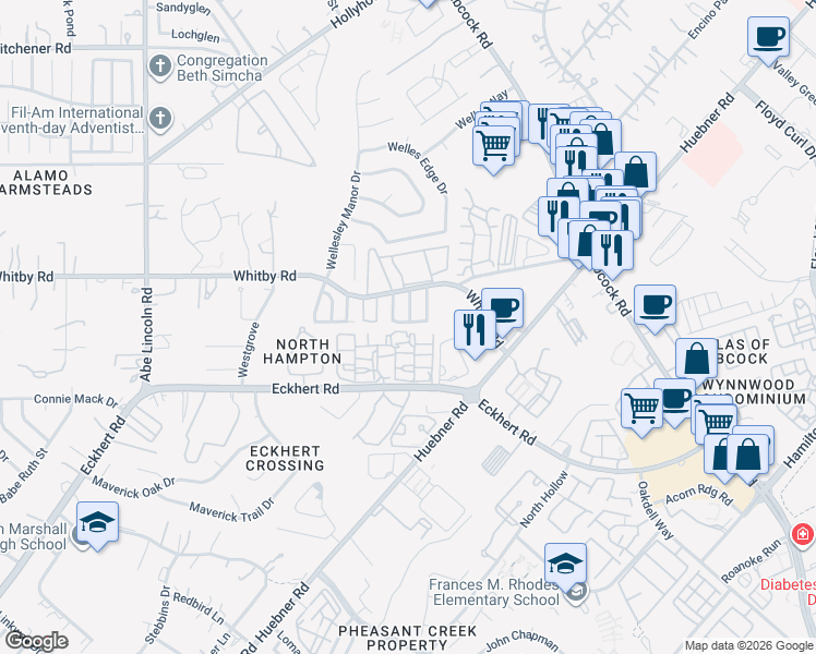 map of restaurants, bars, coffee shops, grocery stores, and more near 8502 Pecan Cross in San Antonio