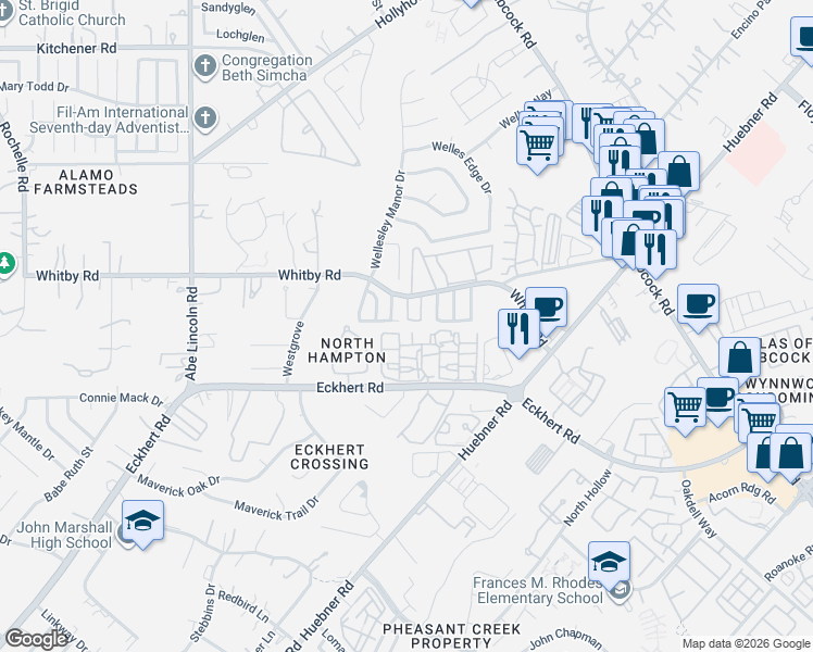 map of restaurants, bars, coffee shops, grocery stores, and more near 6114 South Jolie Court in San Antonio