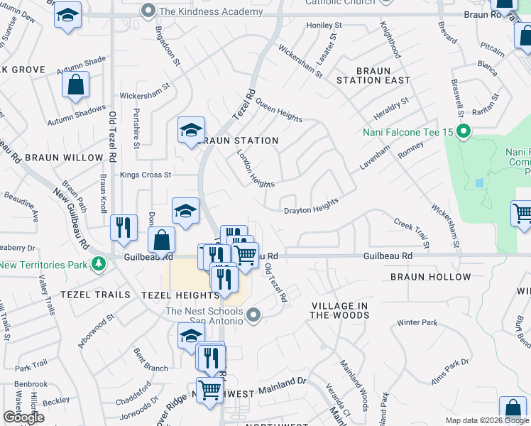 map of restaurants, bars, coffee shops, grocery stores, and more near 8914 Drayton Heights in San Antonio