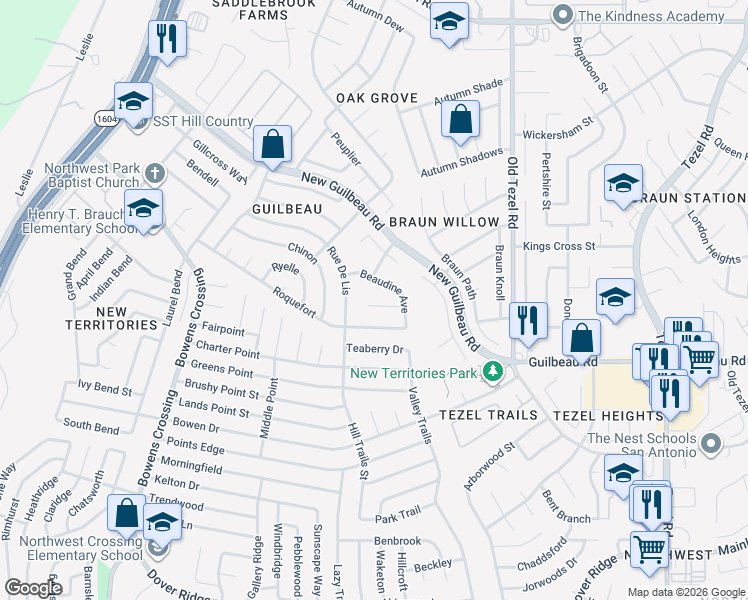 map of restaurants, bars, coffee shops, grocery stores, and more near 8823 Gallaudet Place in San Antonio