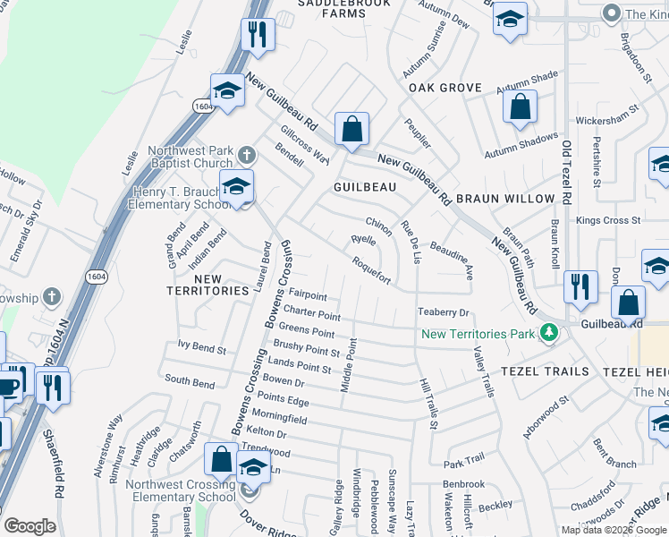 map of restaurants, bars, coffee shops, grocery stores, and more near 8235 Brushy Point Street in San Antonio