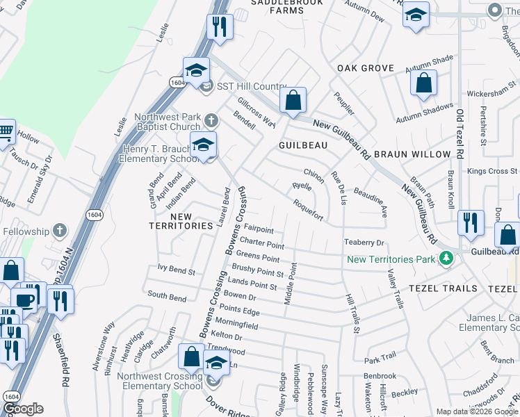map of restaurants, bars, coffee shops, grocery stores, and more near 9427 Grace Point in San Antonio