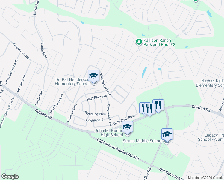 map of restaurants, bars, coffee shops, grocery stores, and more near 14427 High Plains Drive in San Antonio