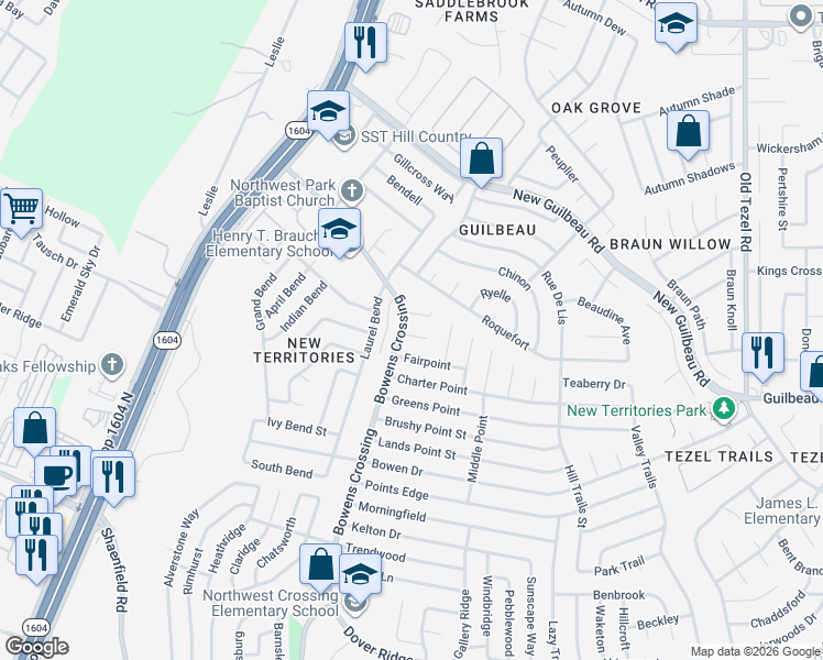 map of restaurants, bars, coffee shops, grocery stores, and more near 9427 Grace Point in San Antonio