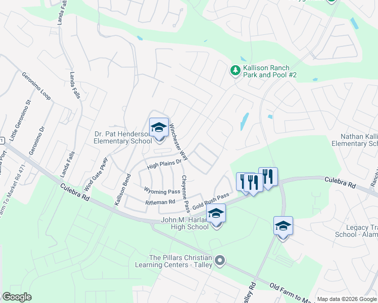 map of restaurants, bars, coffee shops, grocery stores, and more near 14427 High Plains Drive in San Antonio