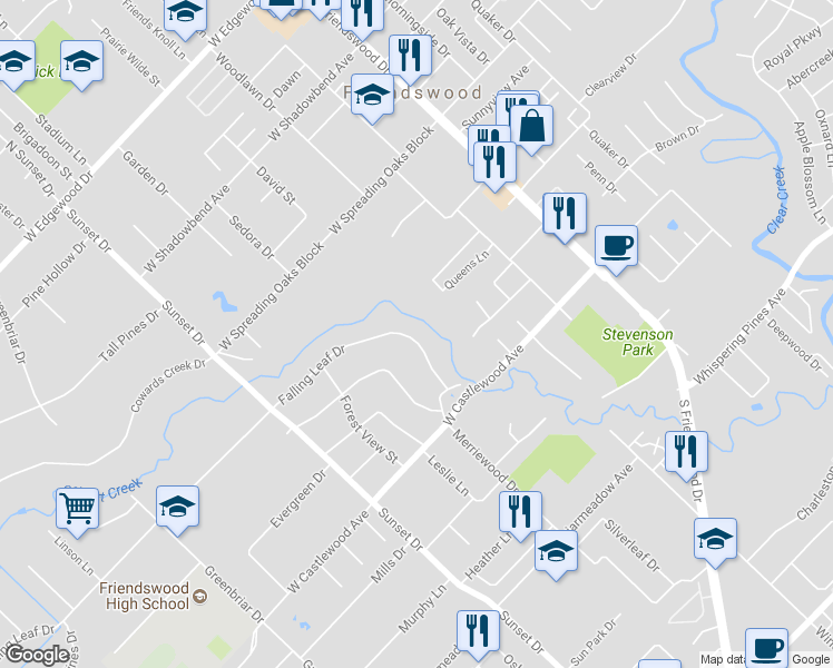 map of restaurants, bars, coffee shops, grocery stores, and more near 412 Falling Leaf Drive in Friendswood