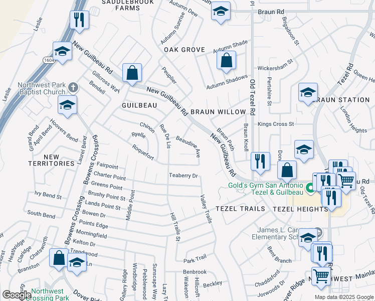 map of restaurants, bars, coffee shops, grocery stores, and more near 8823 Gallaudet Place in San Antonio