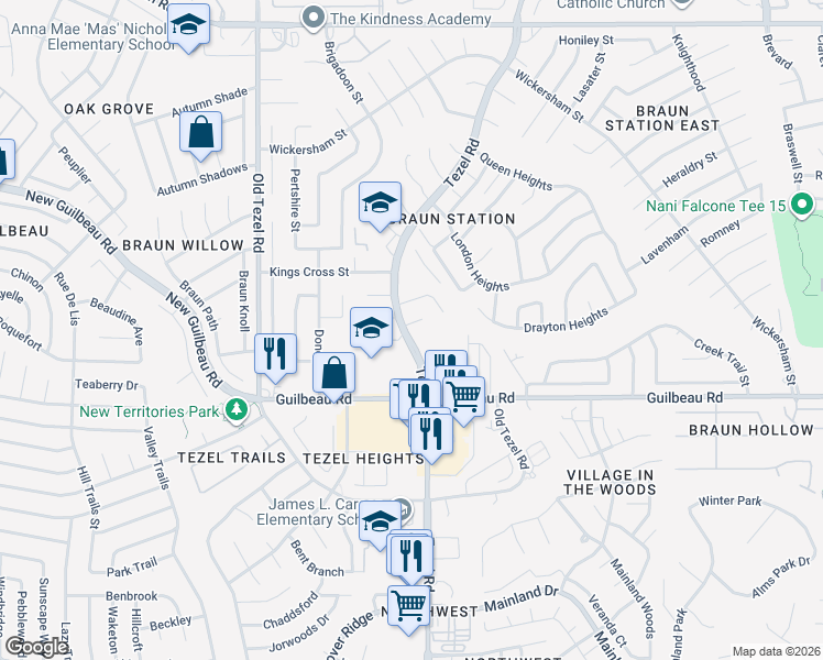 map of restaurants, bars, coffee shops, grocery stores, and more near 9010 Woburn Street in San Antonio