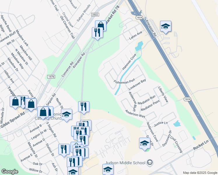map of restaurants, bars, coffee shops, grocery stores, and more near 9423 Boatman Pier in Converse