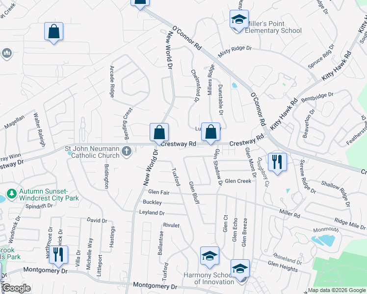 map of restaurants, bars, coffee shops, grocery stores, and more near 6925 Crestway Road in San Antonio