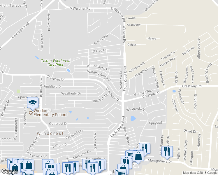 map of restaurants, bars, coffee shops, grocery stores, and more near 671 Crestway Drive in San Antonio