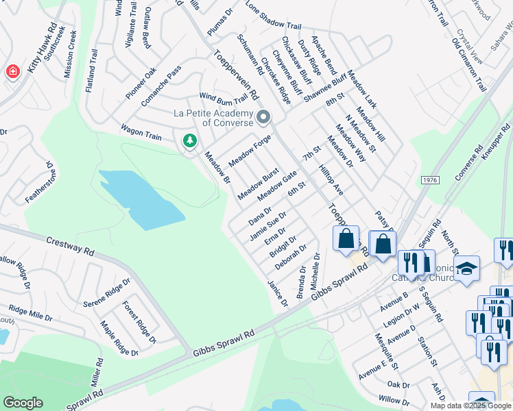 map of restaurants, bars, coffee shops, grocery stores, and more near 720 Meadow Gate in Converse
