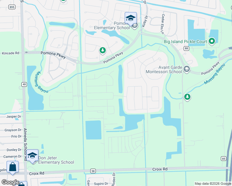 map of restaurants, bars, coffee shops, grocery stores, and more near 2409 Ponderosa Ridge Drive in Manvel