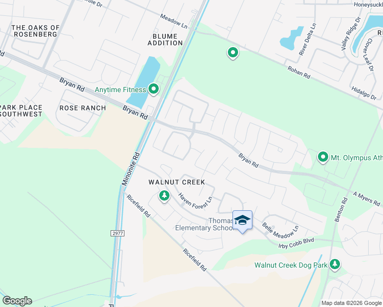 map of restaurants, bars, coffee shops, grocery stores, and more near 1814 Bryson Heights Drive in Rosenberg