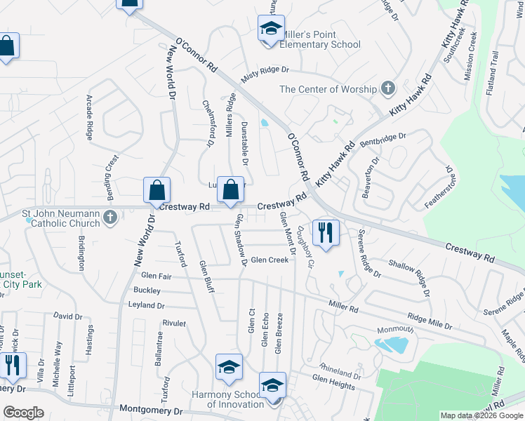 map of restaurants, bars, coffee shops, grocery stores, and more near 7196 Crestway Drive in San Antonio