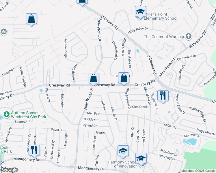 map of restaurants, bars, coffee shops, grocery stores, and more near 6925 Crestway Road in San Antonio