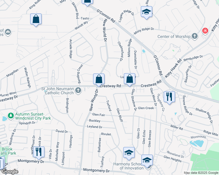 map of restaurants, bars, coffee shops, grocery stores, and more near 6925 Crestway Road in San Antonio