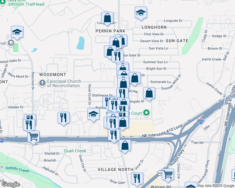 map of restaurants, bars, coffee shops, grocery stores, and more near 4151 Stathmore Drive in San Antonio