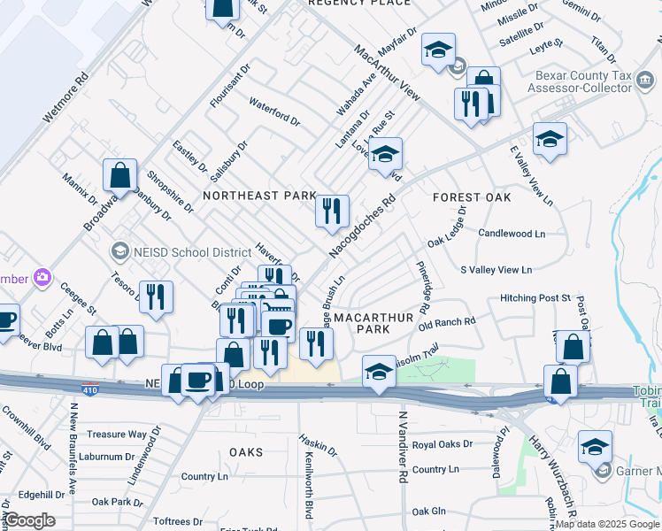 map of restaurants, bars, coffee shops, grocery stores, and more near 2734 Nacogdoches Road in San Antonio