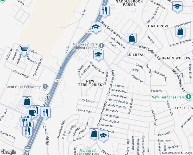 map of restaurants, bars, coffee shops, grocery stores, and more near 9622 Fountain Bend in San Antonio