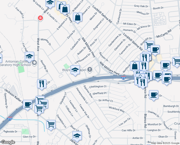 map of restaurants, bars, coffee shops, grocery stores, and more near 1705 Northwest Loop 410 in San Antonio