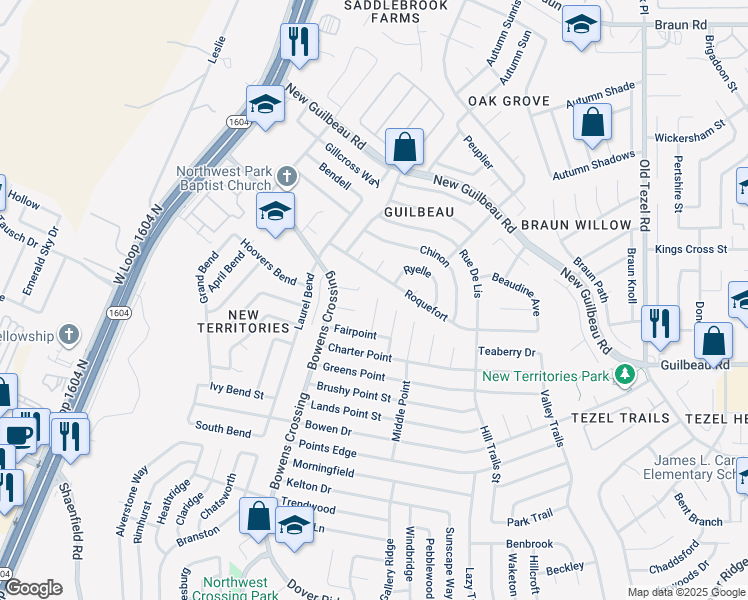map of restaurants, bars, coffee shops, grocery stores, and more near 8235 Brushy Point Street in San Antonio