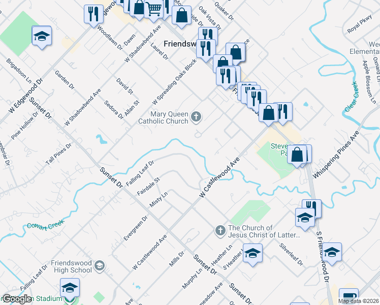 map of restaurants, bars, coffee shops, grocery stores, and more near 412 Falling Leaf Drive in Friendswood