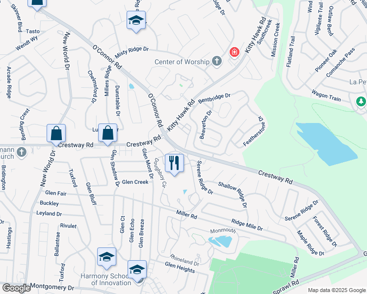 map of restaurants, bars, coffee shops, grocery stores, and more near 7345 Crestway Road in Converse
