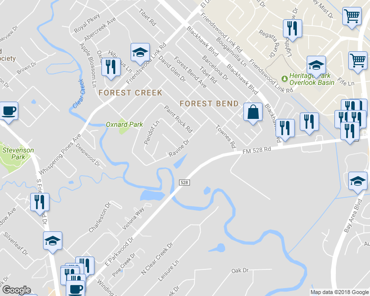 map of restaurants, bars, coffee shops, grocery stores, and more near 4311 Ravine Drive in Friendswood