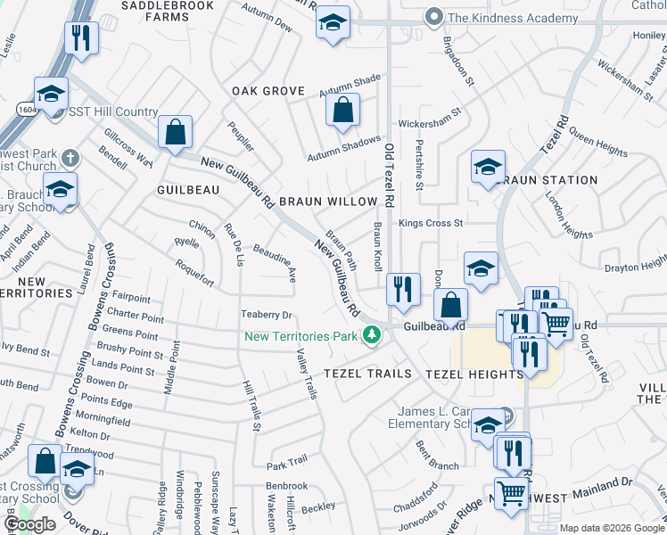 map of restaurants, bars, coffee shops, grocery stores, and more near 8434 Braun Walk in San Antonio