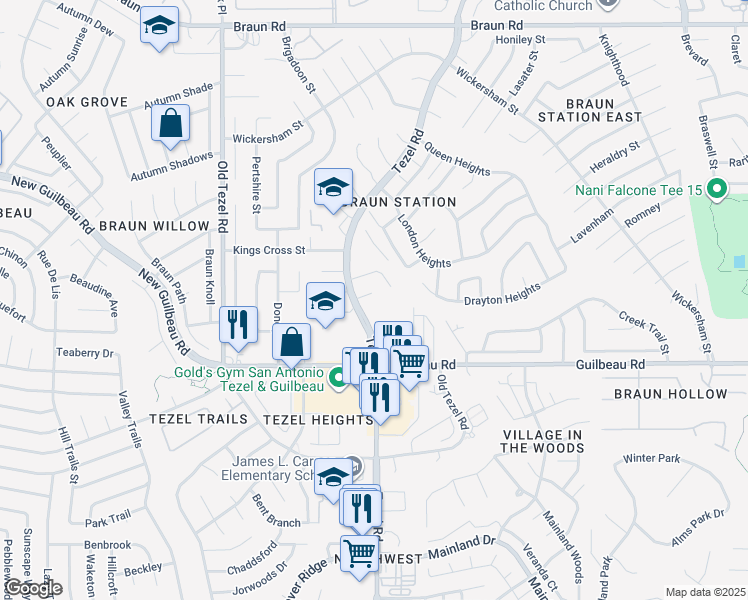 map of restaurants, bars, coffee shops, grocery stores, and more near 9010 Woburn Street in San Antonio