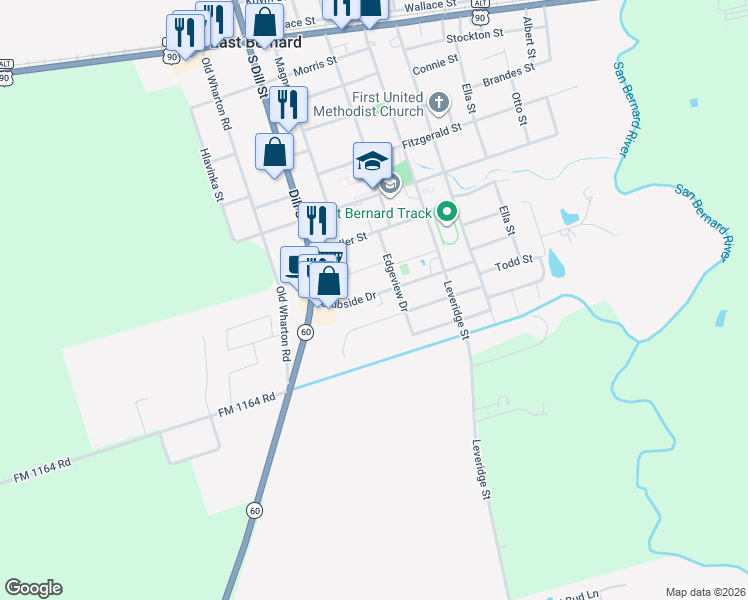map of restaurants, bars, coffee shops, grocery stores, and more near 837 Clubside Drive in East Bernard