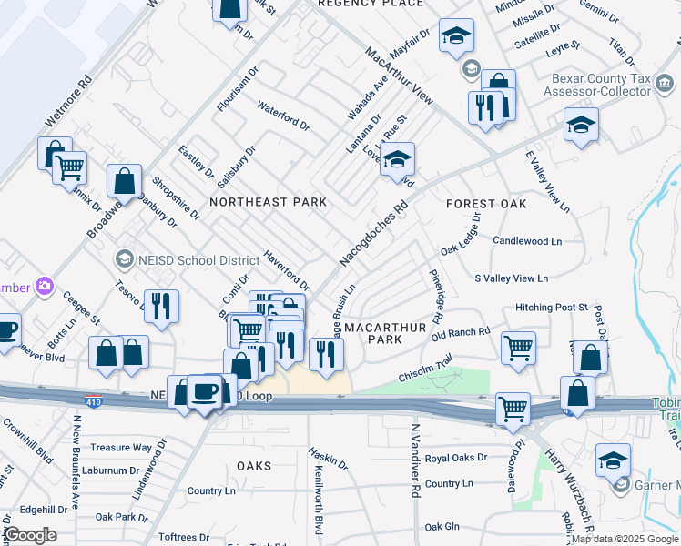 map of restaurants, bars, coffee shops, grocery stores, and more near 2734 Nacogdoches Road in San Antonio