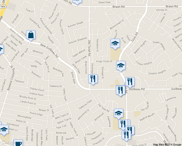 map of restaurants, bars, coffee shops, grocery stores, and more near 8523 Pendragon St in San Antonio